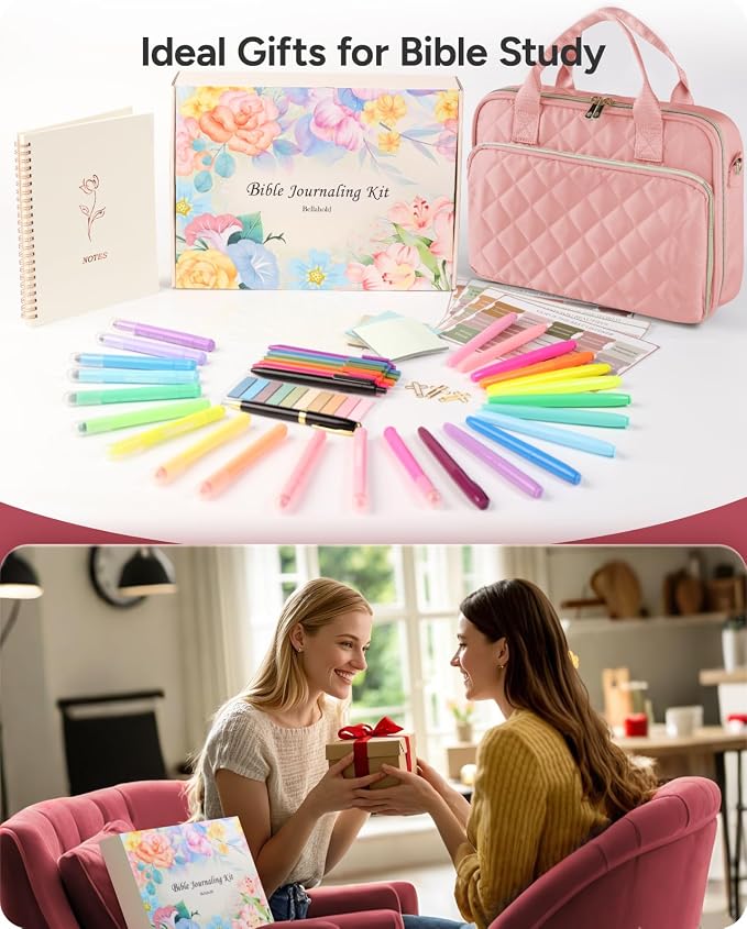 Bible Journaling Kit – Quilted Bible Cover Case for Women, 31 Highlighters, 75 Tabs, Bible Study Supplies & Christian Gift for Women and Teens (Shoulder Strap, Blush Pink)