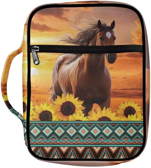 Coldinair Tribal Horse Bible Cover for Men Teen Kids Sunflower Bible Covers Case Case with Durable Handle Pocket and Zipper Bible Journal Case Nylon Bible Protector for Book Lovers