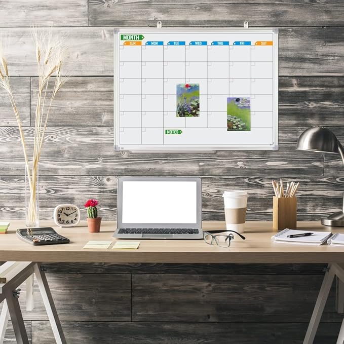 Lockways Dry Erase Calendar Whiteboard, White Board Monthly 24" x 18", Wall-Mounted Aluminum Framed Calendar Board