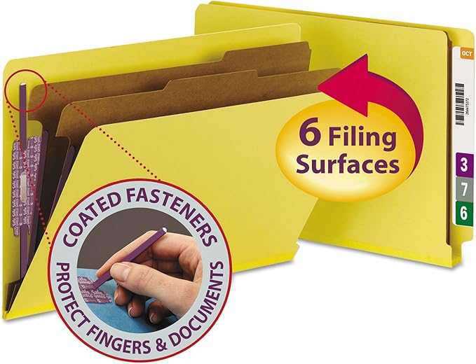 Smead 100% Recycled End Tab Pressboard Classification File Folder with SafeSHIELD Fasteners, 2 Dividers, 2" Expansion, Legal Size, Yellow, 10 per Box (29789)