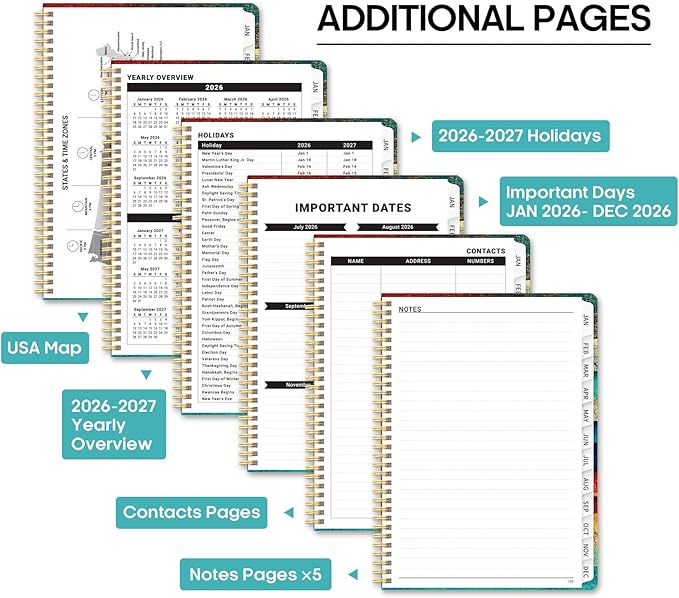 2026 Planner, Weekly and Monthly Calendar Planner Book, January 2026 - December 2026, Hardcover Spiral Planner with Monthly Tabs, Notes Pages, Perfect for Women & Men, A5 (6.4" x 8.5") - Wood