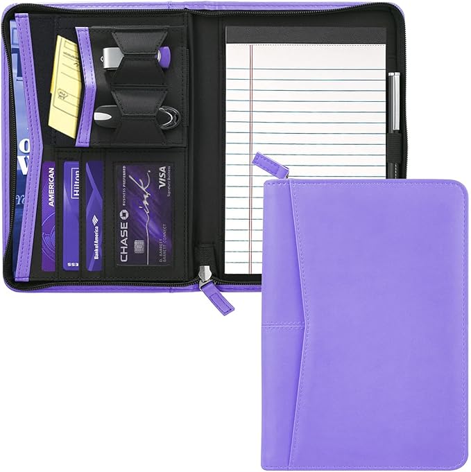 Small Portfolio Organizer, A5 Zippered Business Portfolio, Junior Padfolio Folder Binder for Women & Men, 5 x 8 Writing Pad Included, Purple