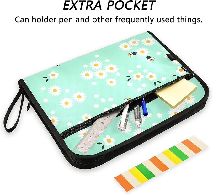 Cartoon Bees Daisy Flower 13 Pockets Expanding File Folder with Sticky Labels Accordion File Folder Document Organizer Letter Size A4 Papers Expandable File Keeper