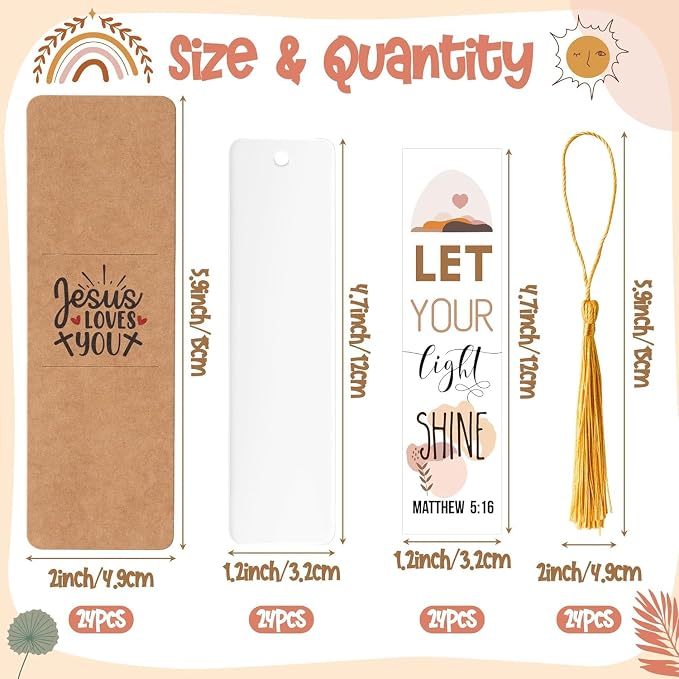 Haooryx Boho Christian Bible DIY Bookmark- 96Pcs Bible Verse DIY Bookmark UV DTF Transfer Sticker Blank Acrylic Tassel Bookmarks Transparent Rectangle Acrylic Bookmark for Kids DIY Crafts Kit Gift Tag