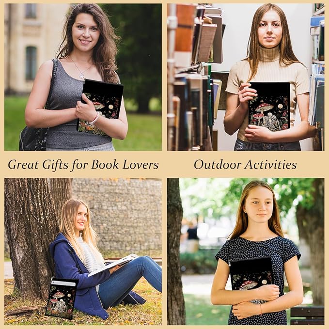 Floral Romantic Skull Book Sleeve Books Lovers Gifts Aesthetic Book Cover Protector with Zipper and Front Pocket Books Pouch Accessories Bookish Gifts Mushroom Gift for Women Readers Wife