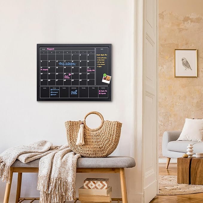 3-in-1 Chalkboard Calendar for Wall, Magnetic Monthly & Weekly Calendar, 22.8x16.9 inches Blackboard for Wall with Black Wood Frame, Hanging Chalkboard for Decor/Memo(YL+ZL-HB-BK,4358)