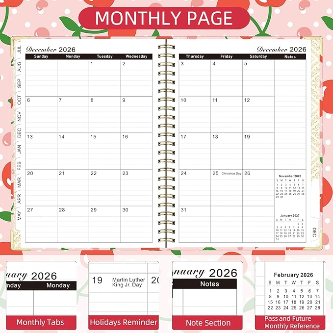2026 Monthly Planner, Jan.2026 - Dec.2026 Weekly Monthly Planner 6.25"x8.5" with Page Tabs, Calendar Hardcover with Inner Pocket, Elastic Band, Twin-Wire Binding, Bookmark, Cherry Polka Dots