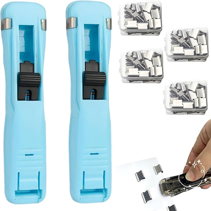 2 Pack Portable Binder Clip Stapler - Damage-Free Paper Clam Clip Dispenser with 200 Reusable Metal Clips, One-Hand Push Fastener Holds 40 Sheets for Office, School & Desk Organization, (Blue2)