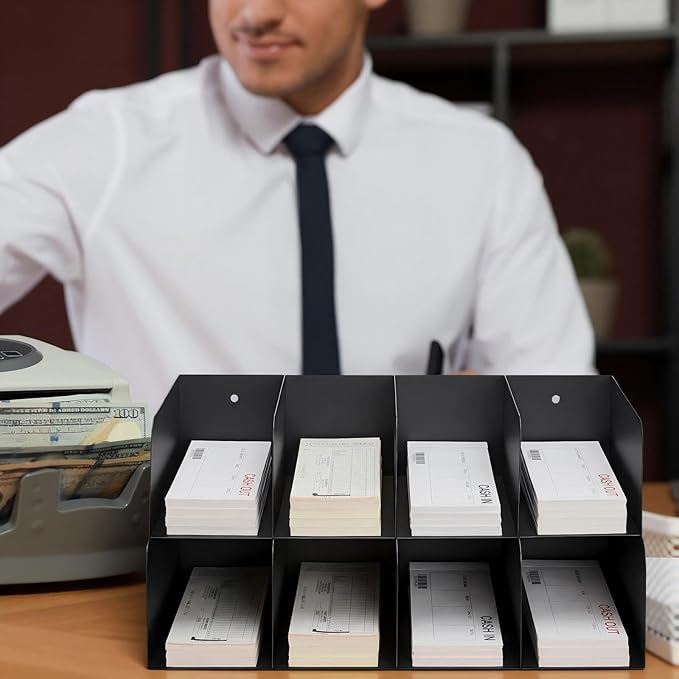 Gisafai Metal Check Sorter Organizer 8 Pocket, 2 Tier Black Iron Document Holder, 16 x 8 x 7.5 Inch, Wall Mountable, Heavy Duty Countertop Receipt Storage Rack for Bank, Office, Retail, Restaurant