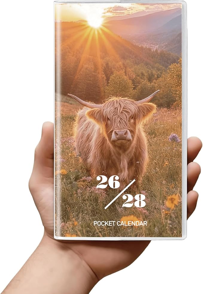 Pocket Calendar 2026-2028 Animal Series, Monthly Planner Jan 2026 to Jul 2028 (3.7" x 6.7") Perfect Purse Calendar, Pocket Agenda with Protective Plastic Sleeve- Highland Cow