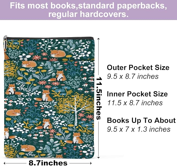 Book Sleeve Books Cover Waterproof Books Protector with Zipper Bookish Gifts Bookworm Gifts Women Student Sisters Daughter Teacher Book Lovers Gifts, Forest Fox Stuff Fox Gifts for Foxes Lover