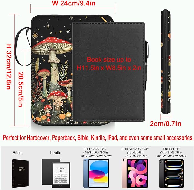 Book Sleeve Book Protector Case, PU Leather Waterproof Kindle Pouch, Cute Book Pouch with Zipper, 12.6"x 9.4" Mushroom Print Portable Book Cover Bag for Book Lovers Gifts Paperbacks Hardcover