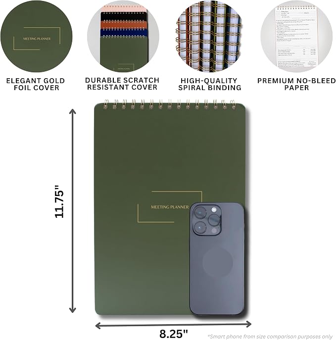 | Meeting Notebook for Work | 8.25" x 11.75" | Project Planner | Simple Design | Multiple Layouts | Office and Business Planner (Navy, Meeting Planner - Portrait)