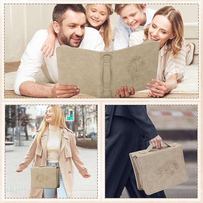 19PCS Floral Khaki Leather Bible Cover for Women Bible Cover Cases for Teen Girls Christmas Gift Christian Bags Journaling Kit with Shoulder Strap Highlighter Pens & Book Marker 10.47 * 7.48 * 2.17in