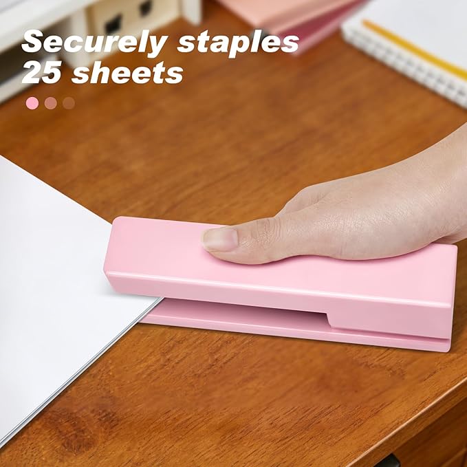 Stapler 25 Sheet Capacity with 830 Staples and Staple Remover, Full Strip Staplers for Desk, No Jam, Non-Slip for Office & School, Pink