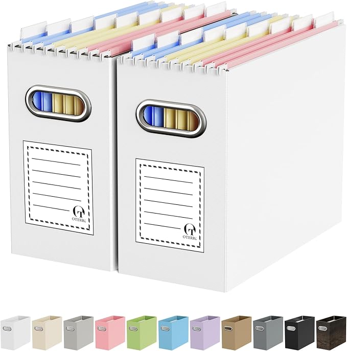 Oterri File Organizer Box, Portable Collapsible Cardboard File Folder Organizer with Handle for Letter Size Hanging Files, Document Storage Box for Home Office & Classroom (2 Packs, White)