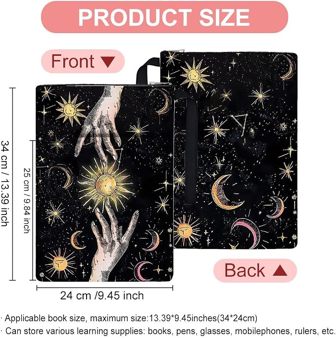 1pc Book Sleeve with Zipper 13.4x9.45 inches(34x24cm) Hands and Sun Book Pouches Book Covers Washable Fabric Book Protectors for Book Lovers