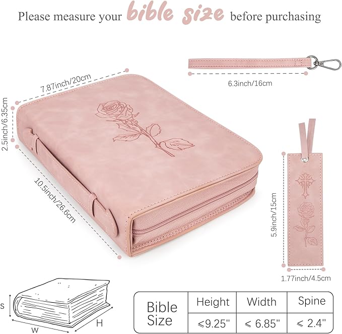 Bible Cover for Women - Leather Study Case with Bookmark, Supplies Carrying Bag Tote with Strap, Personalized Book Organizer for Journaling - Pink