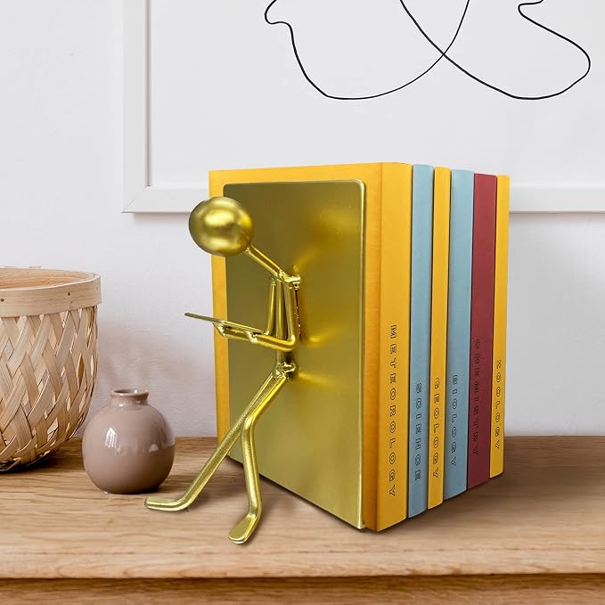 Ottimo Heavy Duty Metal Unique Office Desk Bookends for use as Bookshelf Decor, Home, Office or Kitchen Shelves. Unique, Cute and Decorative Book Stopper to Hold Books, Great Gift Idea (Gold)
