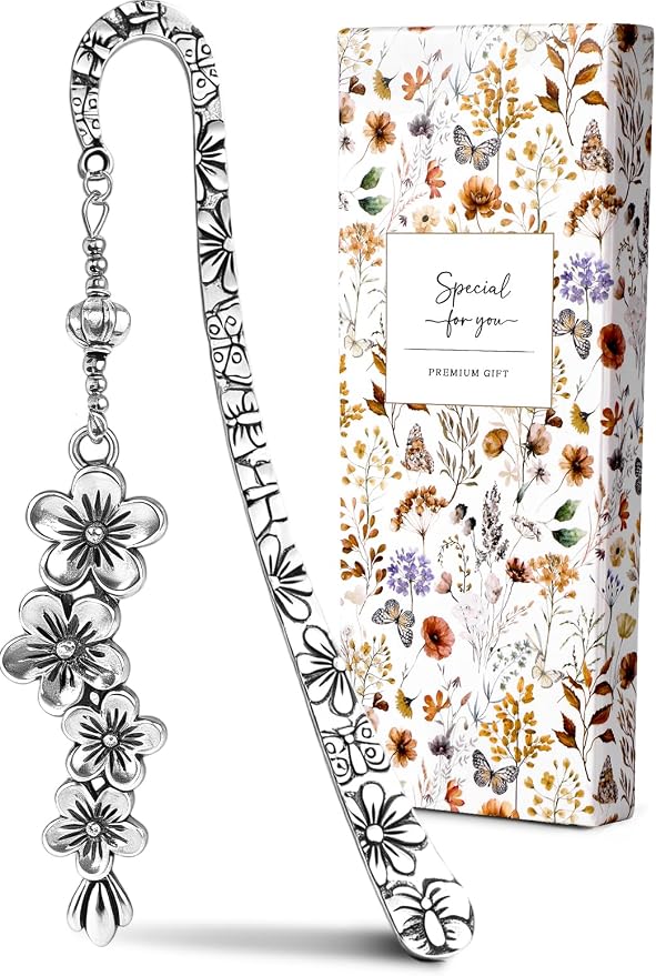Buleens Bookmarks for Women Reading - Book Marks for Readers Book Lovers, Silver Feather Cherry Flower Personalized Metal Bookmark with Pendants, Pretty and Aesthetic Book Accessories Reading Gifts