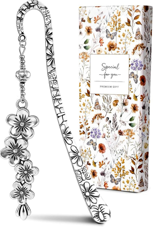 Buleens Bookmarks for Women Reading - Book Marks for Readers Book Lovers, Silver Feather Cherry Flower Personalized Metal Bookmark with Pendants, Pretty and Aesthetic Book Accessories Reading Gifts