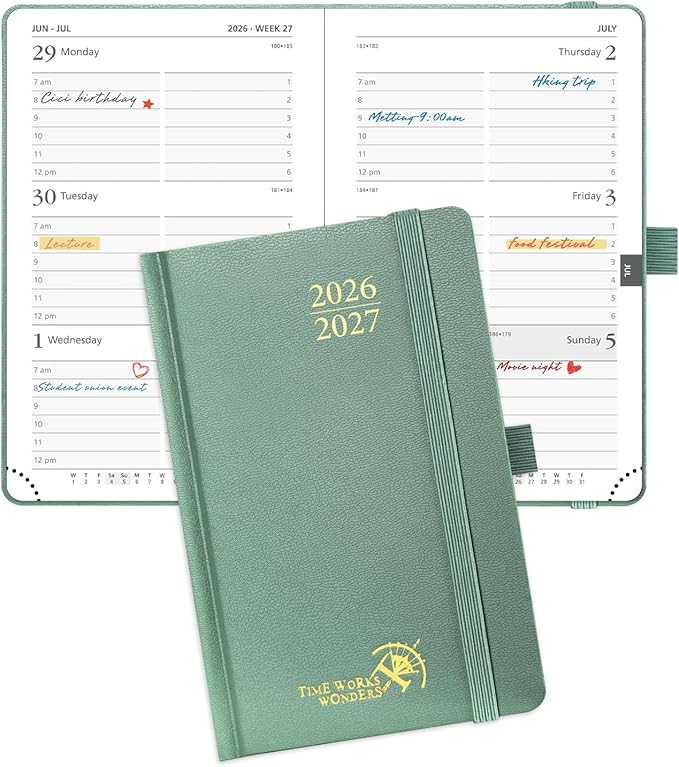 POPRUN 2026-2027 Academic Small Weekly Planner, 4" x 6.25" Purse Size Calendar, July 2026 to June 2027, Hardcover Appointment Book with Horizontal Layout, Hourly Time Slots - Midnight Green