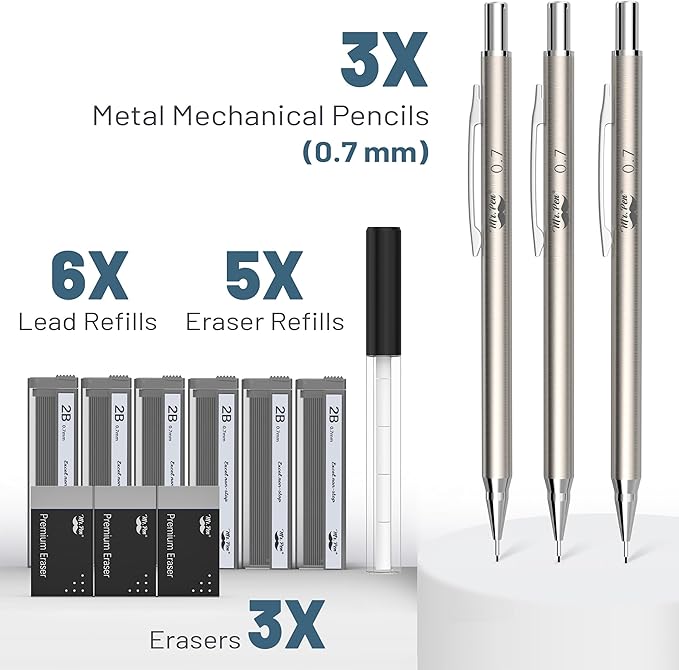 Mr. Pen- 0.7mm Metal Mechanical Pencil Set with Lead Refills & Erasers, 3 Pack, 6x Tubes 2B Lead Refill, 3x Erasers for School Supplies, Note Taking, Drawing, Sketching
