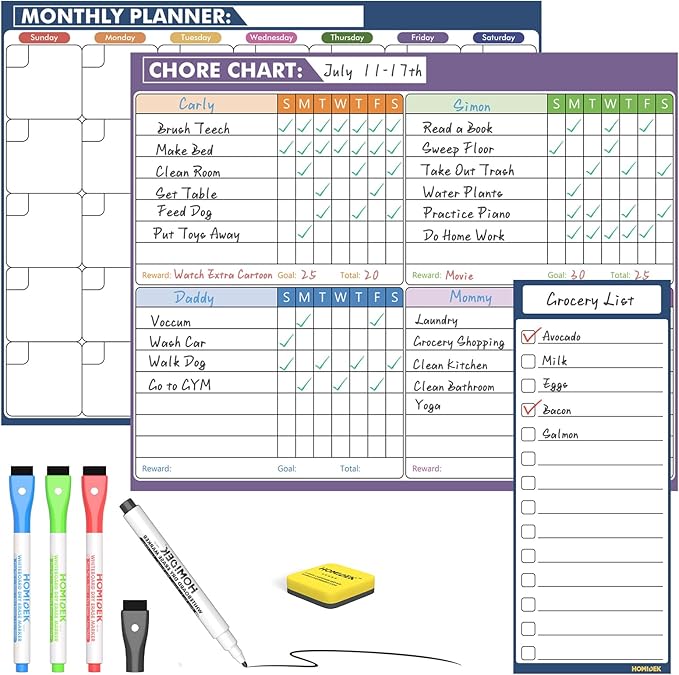 Magnetic Fridge Calendar Magnet, Dry Erase Whiteboard Calendar and Family Chore Chart for Adults with Magnetic List, Dry Erase Markers and Eraser - 14 x 11 Inches