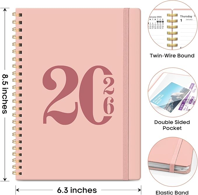2026 Planner, Weekly and Monthly Calender Planner, Jan 2026 to Dec 2026, Hardcover 2026 Calendar Book with Tabs & Inner Pocket, Office Home School Supplies for Women & Men - A5 (6.3" x 8.5"), Pink