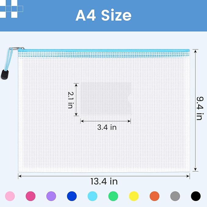 Sooez 20 Pack Mesh Zipper Pouch Bags, A4 Letter Size, Zipper Bags with Label Pocket, Waterproof Bag for Classroom Organizer, School Office Teacher Supplies, Storage Pouches for Board Game Toy Storage