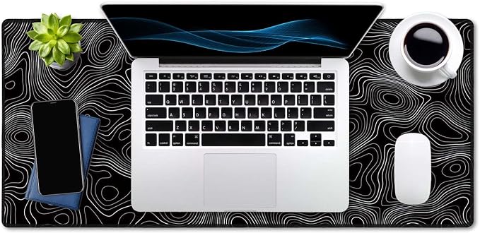 SSOIU Black Topographic Extended Gaming Mouse Pad XXL ArtSo Large Keyboard Mat Long Mousepad Desk Decor Writing Pad Non Slip Rubber Base Stitched Edges for Work, Game, Office, Home, 35.5" x 15.7"