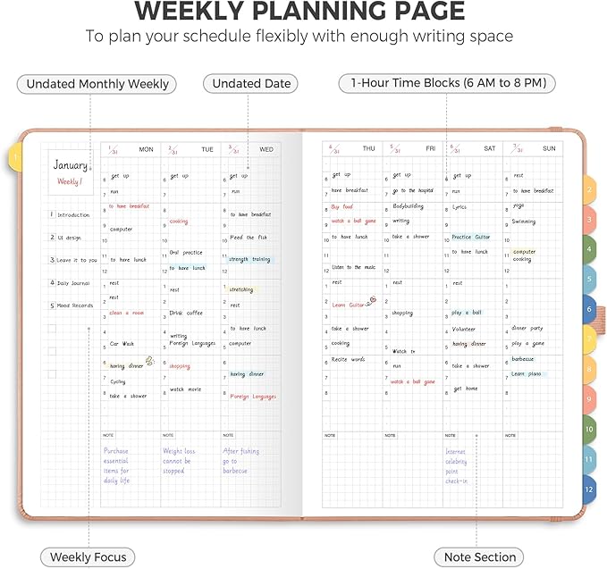 Undated Appointment Book, Hourly, Daily, 52 Weekly & 12 Monthly Planner, 6 AM - 8 PM, Medium Size (5.7" x 8.3"), Leather Hardcover, 12 Self-adhesive Monthly Tabs (Pink)