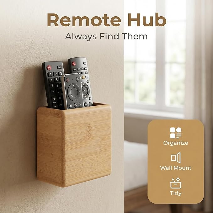 Garneck Bamboo Remote Control Holder Wall Mount - Wood Remote Caddy Organizer for Bedside Couch Office Universal Media Storage Box for Tv Controller Phone Key Pen Home Decor