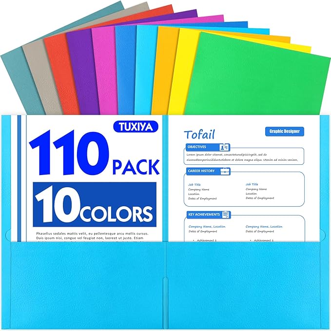 TUXIYA Two Pocket Folders, 110 Pack 2 Pocket Folders, Letter Size Paper File Folder with Pockets, Thick Paper Folder for School Office Business Home, Assorted 10 Colors