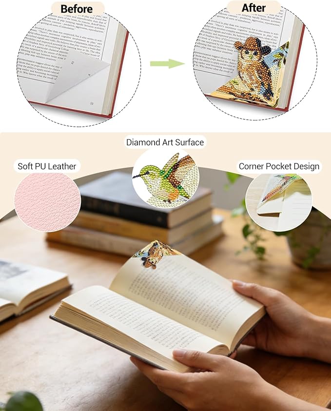 Lucky Diamond Art Bookmarks Set, 4PCS Book Corner Diamond Painting Bookmarks with Hummingbird, Whale, Unicorn & Owl Designs, DIY Gem Art & Crafts for Book Lovers, Diamond Art Kits for Adults