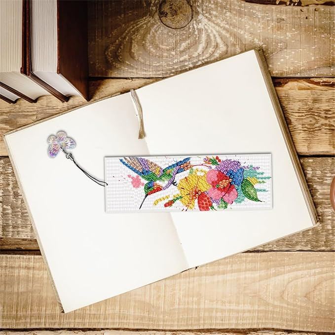 3Pcs DIY Diamond Art Painting Bookmarks with Colorful Butterfly Pendant PET Bookmark Ornament Double Sided Pattern Single Sided Diamond Book Marker Clip Gifts Tags-Flower Hummingbird