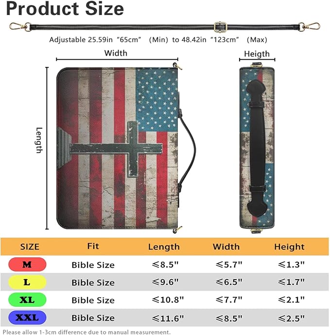 PU Leather Bible Covers for Men, Large Bible Bag with Strap and Handle, God Bless America Vintage Print Biblia Protecto with Inner Pockets and Pen Loop, Christian Gifts for Men