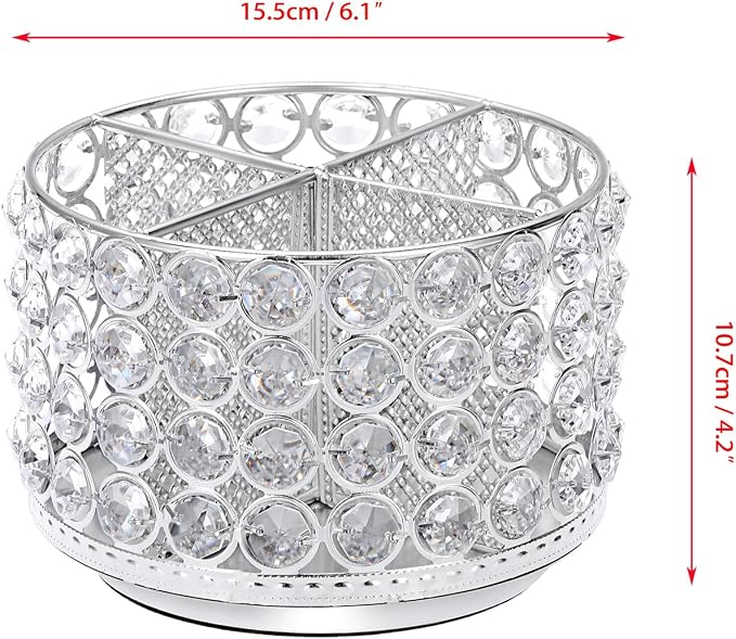 BTSKY Crystal 360 Degree Rotating Desk Organizer Decorative Storage Box with 4 Compartments, Glitter Metal Makeup Brush Holder Elegant Storage Caddy Home Decor Gift for Women, Round-4 Slots Silver