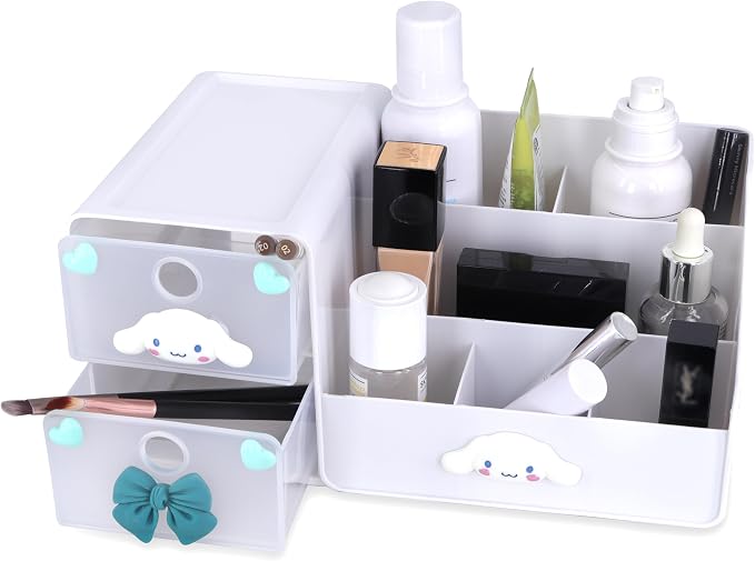 Roffatide Small Makeup Brush Organizer Holder with 2 Drawer 6 Slots, Cosmetic Brushes Storage, Cute Cartoon Puppy Pen Holder for Office Supplies Container