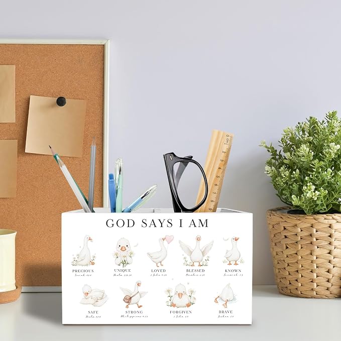 Inspirational Christian Goose Pen Holder for Desk, God Says I Am Bible Verse Pencil Organizer, Cute Goose Religious Wooden Box Sign Desk Decor for Nursery Home Office Decoration