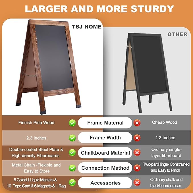 Wood Magnetic A-Frame Chalkboard Signs, 40" x 20" Large Sandwich Board Signs Outdoor, Double-Sided Sidewalk Blackboard for Business, Wedding, Vendor Display, Coffee Shope - Brown