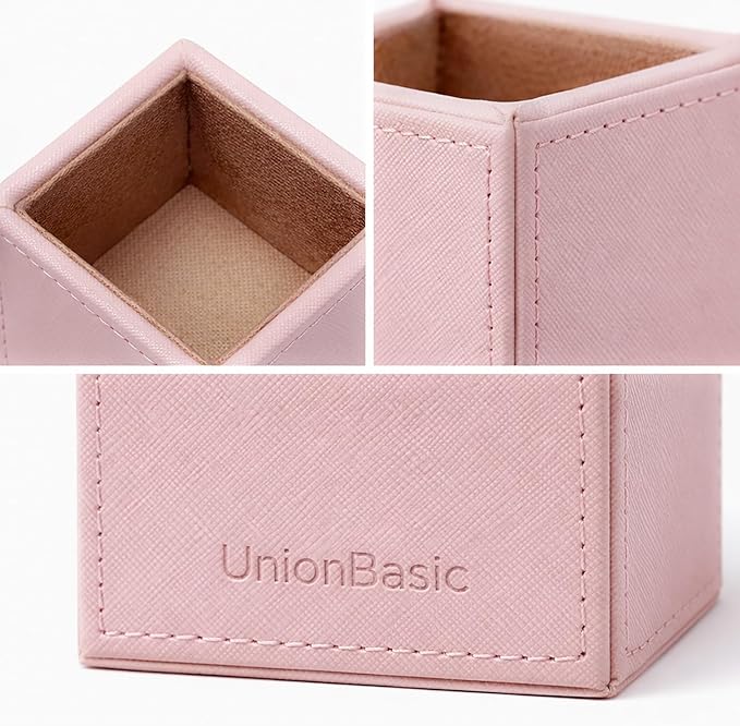 UnionBasic Square Pen Holder, Leather Pencil Cup, Desktop Caddy Stationery Organizer, Taiga Pattern Leather, Pink