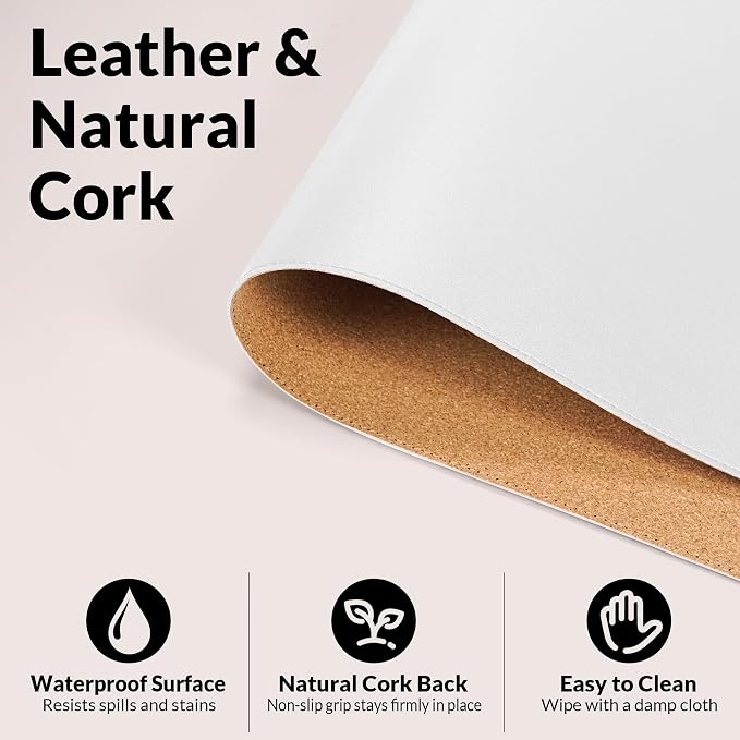 AFIING Cork Desk Mat, White, 31.5" x 17",Desk pad Protector | Dual-Sided Cork & PU Leather, Waterproof, Non-Slip, For Office & Gaming