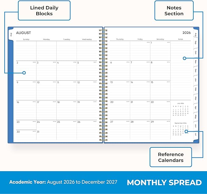 Blue Sky 17 Month 2026-2027 Weekly and Monthly Academic Year Planner Calendar, August 2026 - December 2027, 8.5" x 11", Flexible Cover, Wirebound, Laminated Tabs, Azure