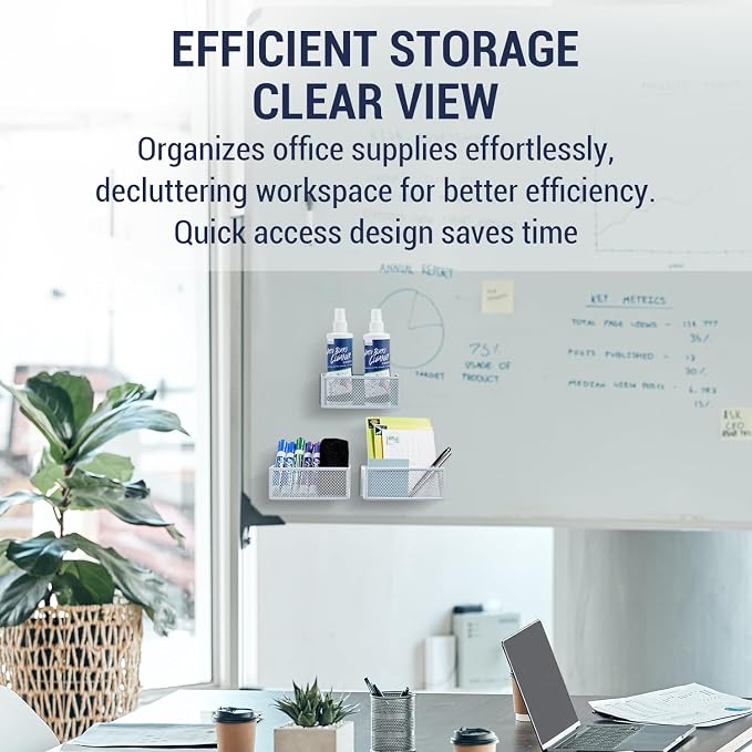 MyGift White Wire Mesh Magnetic Storage Baskets, Whiteboard Accessories, Classroom and Office Supply Organizer, Set of 3