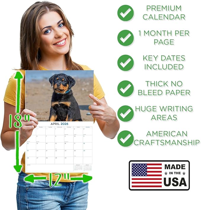 2025 2026 Rottweiler Puppies Calendar - Dog Breed Monthly Wall Calendar - 12" x 18" Open - Thick No-Bleed Paper - Giftable - Academic Teacher's Planner Calendar Organizing & Planning