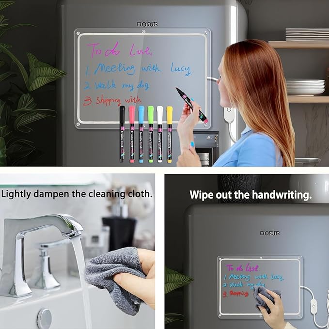 Acrylic Magnetic White Board for Fridge with Neon Light,16"x12" Clear Fridge Memo Dry Erase Magnetic Whiteboard Planner Set for Refrigerator,Glass,Wood Wall,Office with 6 Colors Markers
