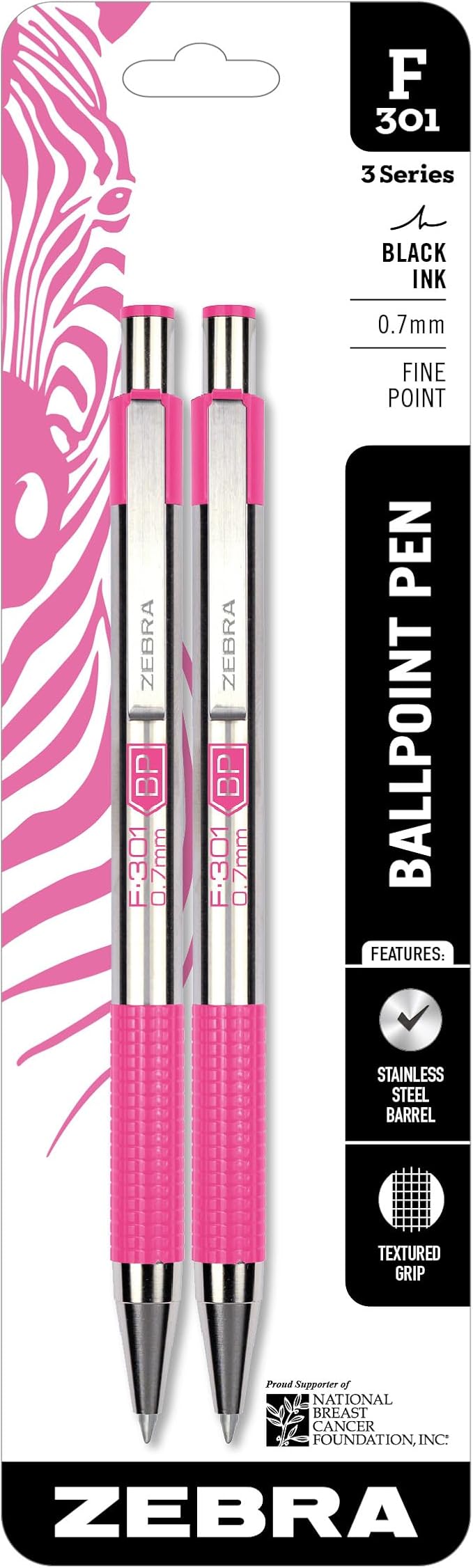 Zebra Pen F-301 Ballpoint Black Ink Fine Point 0.7mm Pen, Easy-Glide Ink, Stainless Steel Retractable, BCA Pink Accents, Professional Design, Ideal for Office, Journal and Planner Use, 2-Pack (37112)