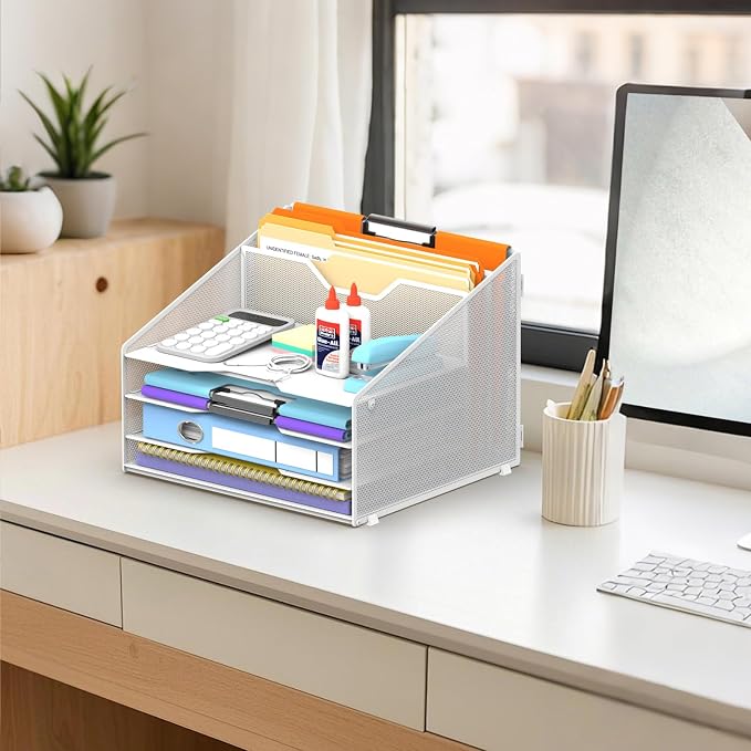 Desk File Organizer, Paper Organizer with 4 Letter Trays and 2 Vertical Upright Sections, Desk Organizers and Accessories for Office, School, Home (White)