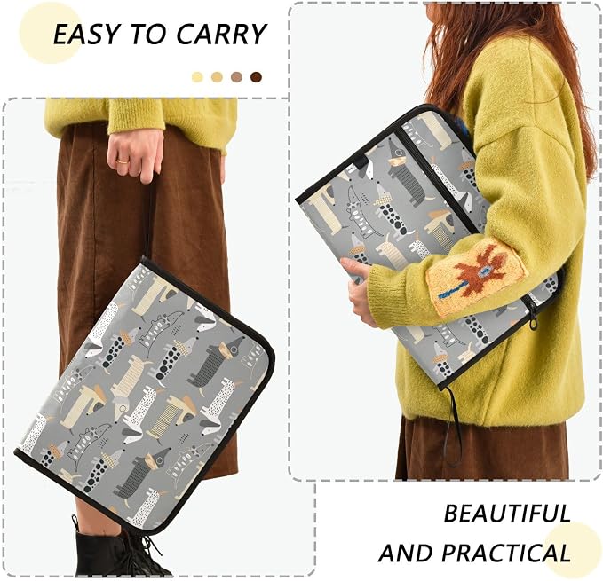 13 Pockets Expanding File Folder Cute Dachshund Grey with Sticky Labels Accordion File Folder Document Organizer Letter Size A4 Papers Expandable File Keeper